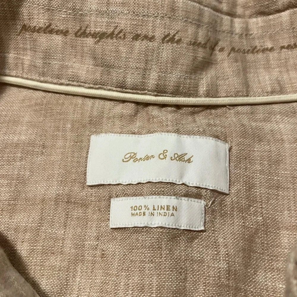 Porter & Ash 100% Linen Short Sleeve Button Down Shirt Men's Size L Tan Beige